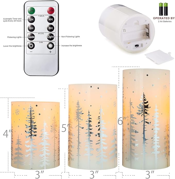 Christmas Flickering Flameless Pillar Candles with Remote Battery Operated Warm Light Silver Christmas Pine Tree Decal Real Wax Candle for Home Decoration Winter Party Gifts, Set of 3