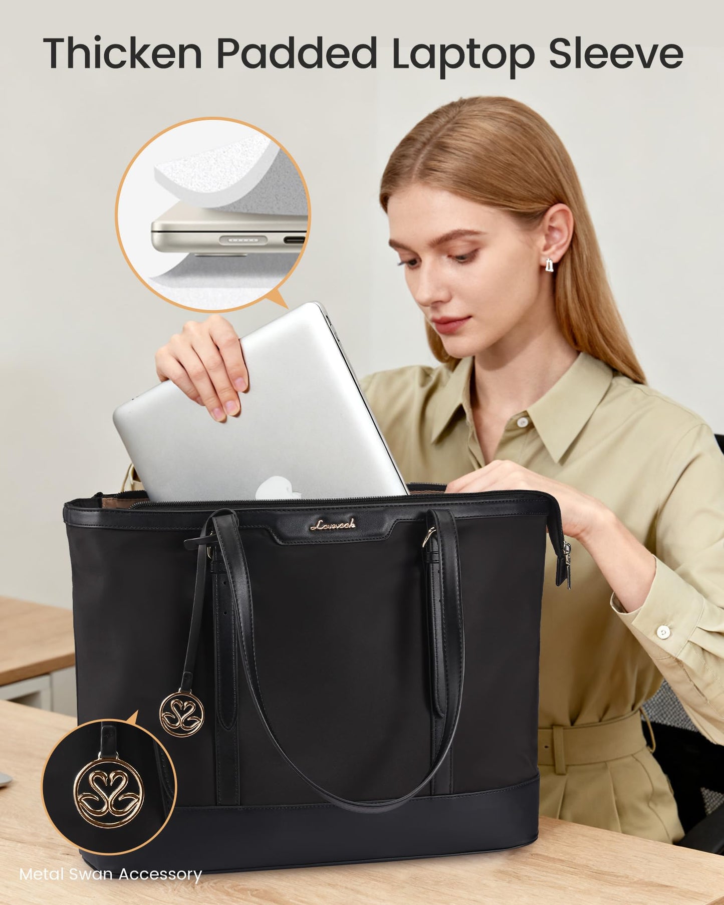 LOVEVOOK Work Tote Bag for Women 15.6 Inch Laptop Computer Bags with Cup Holder, Large Teacher Bag Briefcase for Business Office Travel Black, Nylon&PU