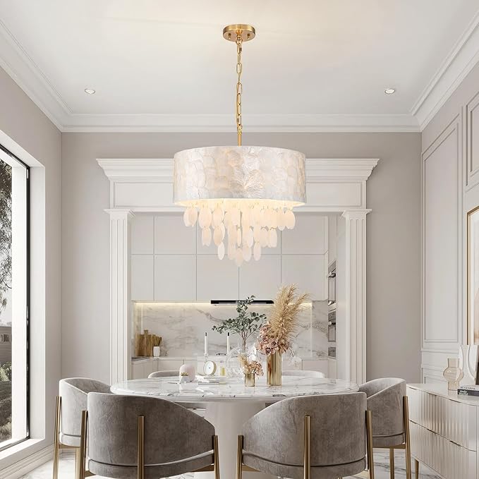 4-Lights Drum Capiz Shell Chandeliers, Coastal Style Pendant Light Fixture for Dining Room, Living Room, D18 x 21~68"(Adjustable Height), Shell Lampshade & Gold Finish