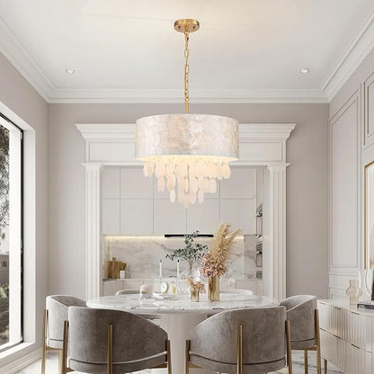 4-Lights Drum Capiz Shell Chandeliers, Coastal Style Pendant Light Fixture for Dining Room, Living Room, D18 x 21~68"(Adjustable Height), Shell Lampshade & Gold Finish