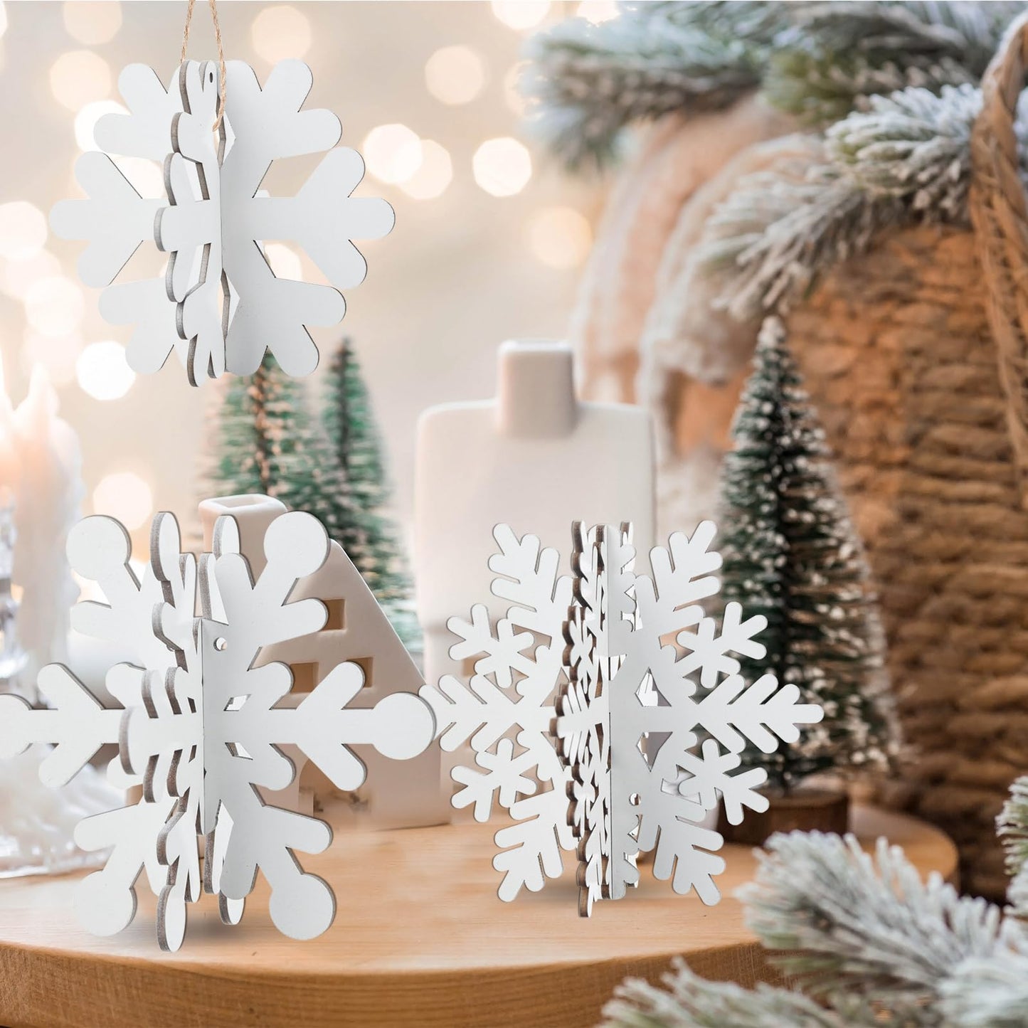 24 Pcs Snowflake Table Decorations 3D Winter Wooden Snowflake Table Centerpiece Hanging Signs Tabletop for Winter Wonderland Decoration Home Tiered Tray Holiday Party Supplies(White)
