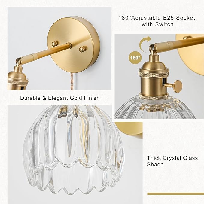 Plug in Wall Sconce, Vintage Sconce Light with Tulip Transparent Glass Lampshade, 180° Adjustable Wall Sconce with Switch and Plug in Wall Lamp Cord, Gold Wall Light for Bedroom Bedside