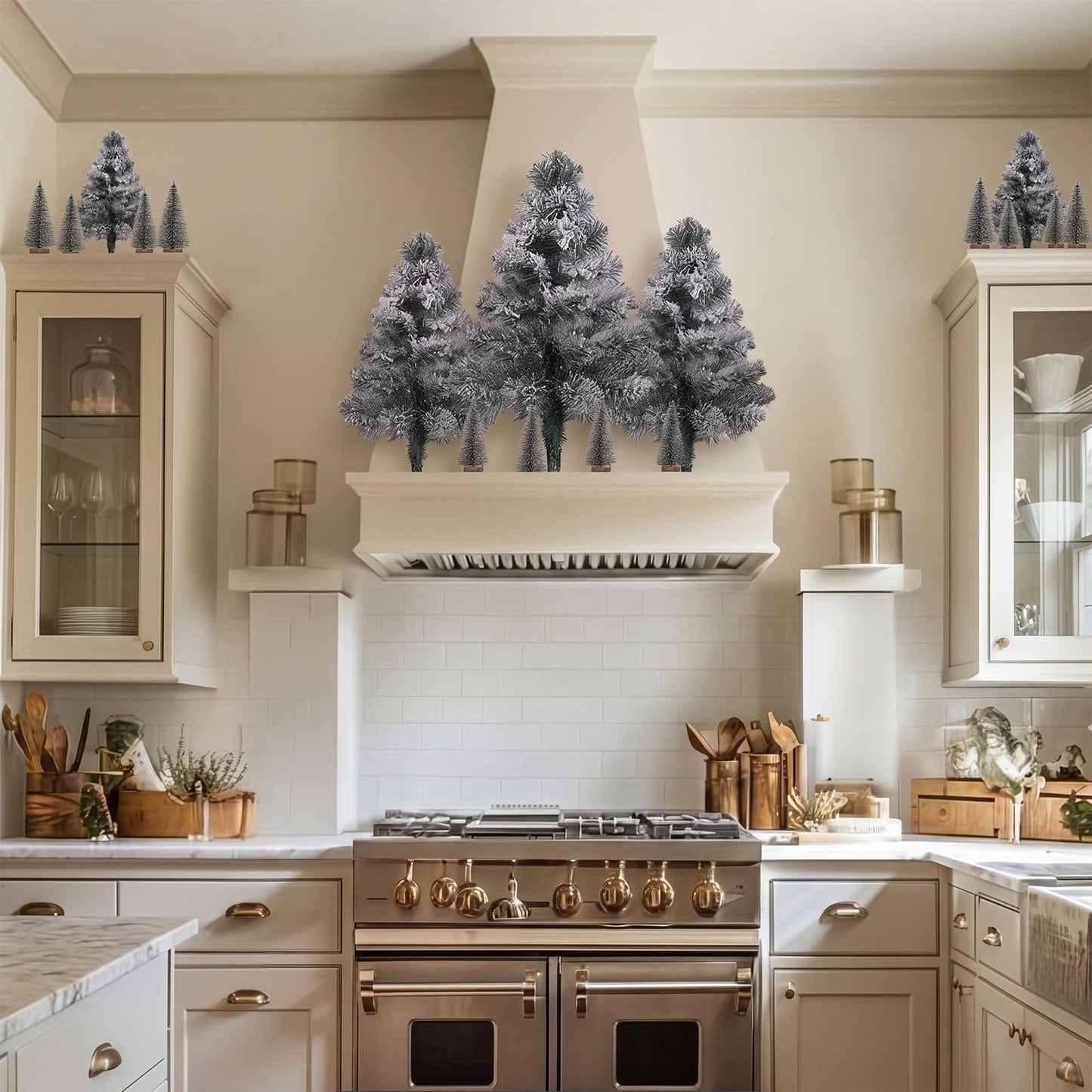 Sanwuta 21 Pcs Above The Cabinet Christmas Tree Decor 6 Flocked Snowy Trees 15 Mini Snowy Brush Trees Over The Cabinet Decorations Winter Xmas Tree for Mantel Bookshelf Table Indoor Kitchen Decor