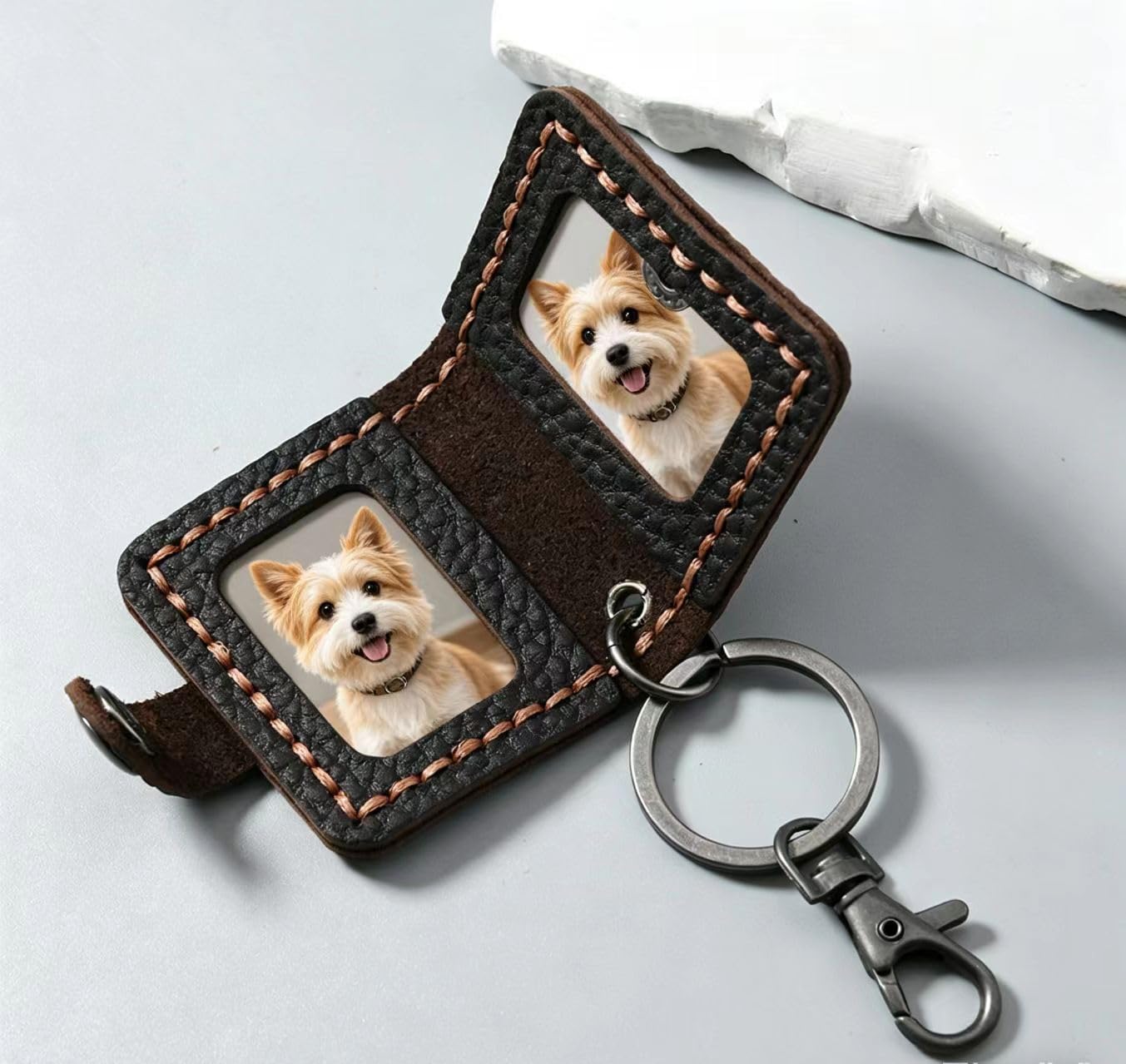 Mini Genuine Leather Photo Card Holder Keychain, Vintage Key Ring Charm with Lobster Clasp for Men Women (Black)
