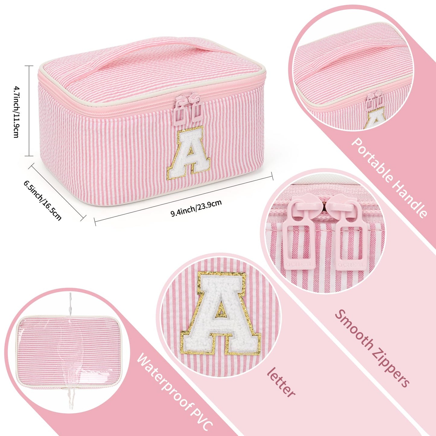 OCHEAL Makeup Bag for Women, Monogram Cosmetic Bag Pink Travel Makeup Case Beauty Toiletry Bag Organizer Personalized Gifts for Girls Bridesmaid, Sister, Wife, Friends Initial A