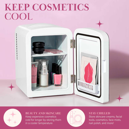 Paris Hilton Mini Refrigerator and Personal Beauty Fridge, Mirrored Door with Dimmable LED Light, Thermoelectric Cooling and Warming Function for All Cosmetics and Skincare Needs, 4-Liter, White