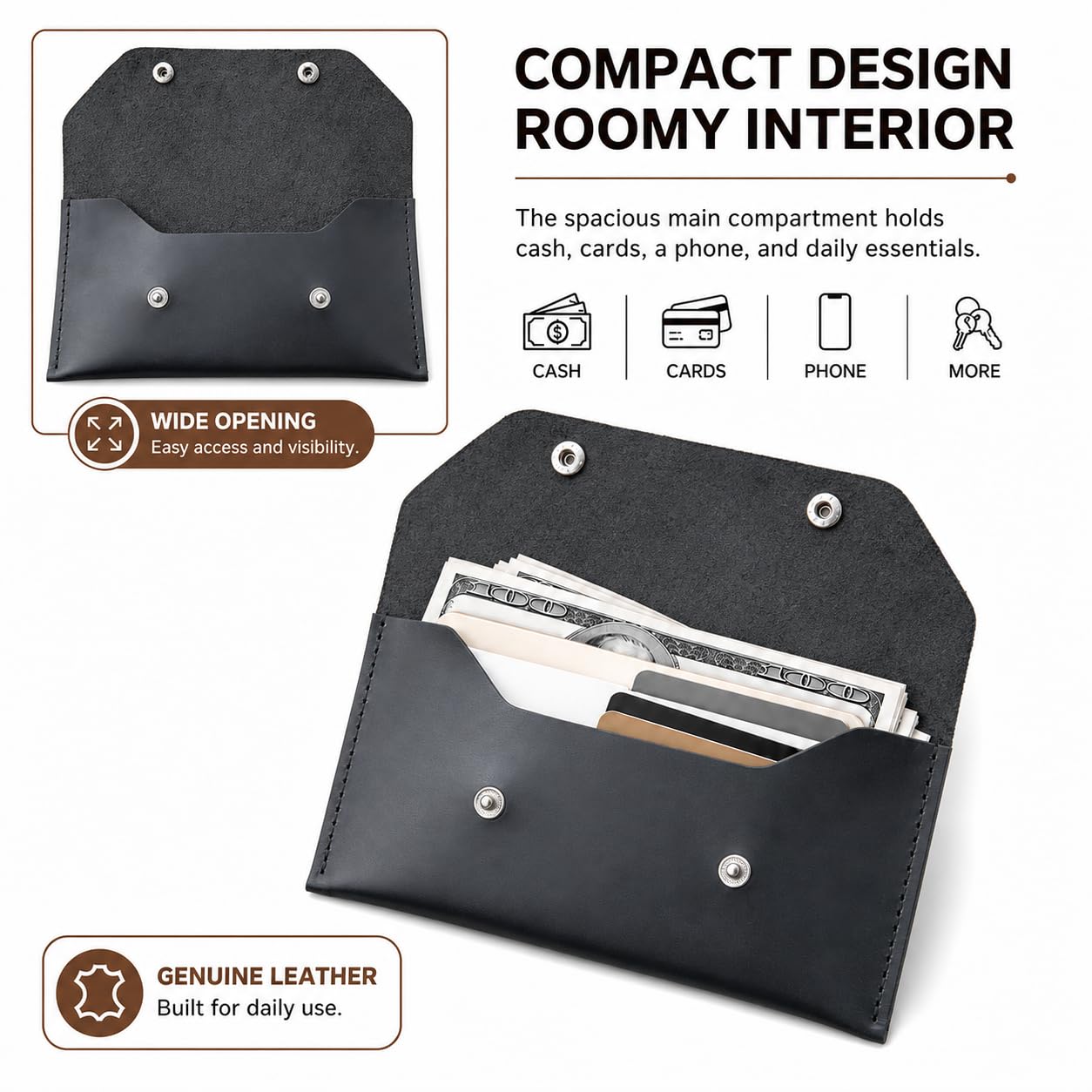 ZEMARS Genuine Leather Cash Envelope Wallet, Two Snap Money Pouch for Men and Women, Reusable Budget Envelope Wallet, Slim Organizer for Cash, Cards, Receipts, Checks and Keys (Black)