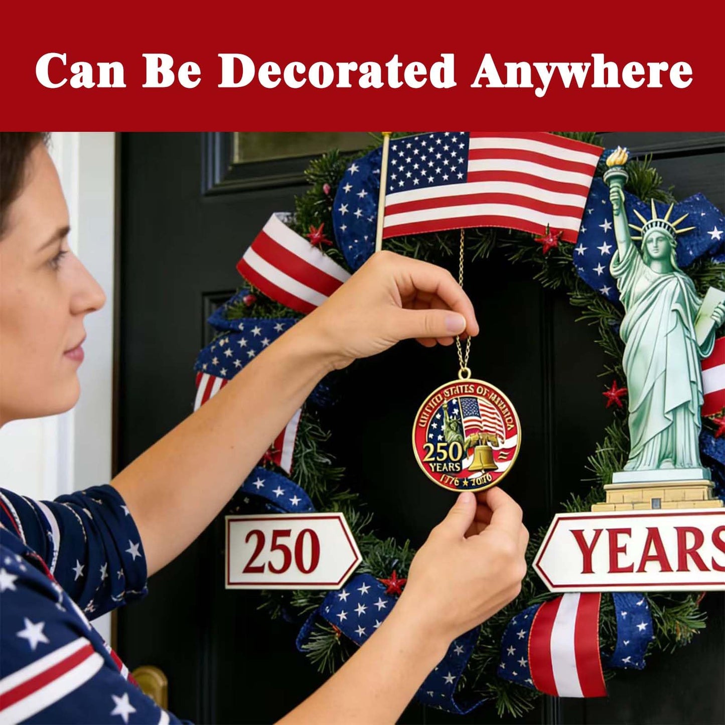 ALRALLI United States 250th Anniversary Ornament 1776-2026, America 250 Patriotic Metal Hanging Decoration with Cord, Storage Pouch, Liberty Bell Keepsake for Christmas Tree, Independence Day Gift