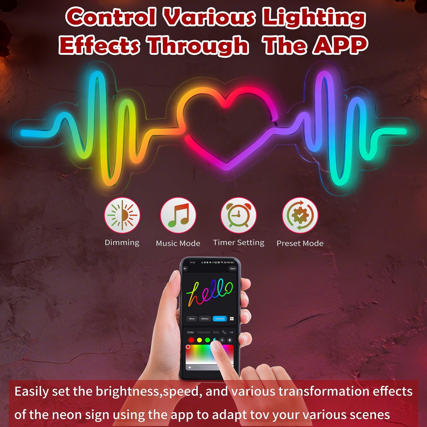 MissAudrey Heartbeat Neon Sign with Remote Control, LED Neon Sign for Wall Decor, Custom RGB Adjustment ECG Heart Lights, Light Up Signs for Bedroom Wedding Party Birthday Mother's Day Decorations