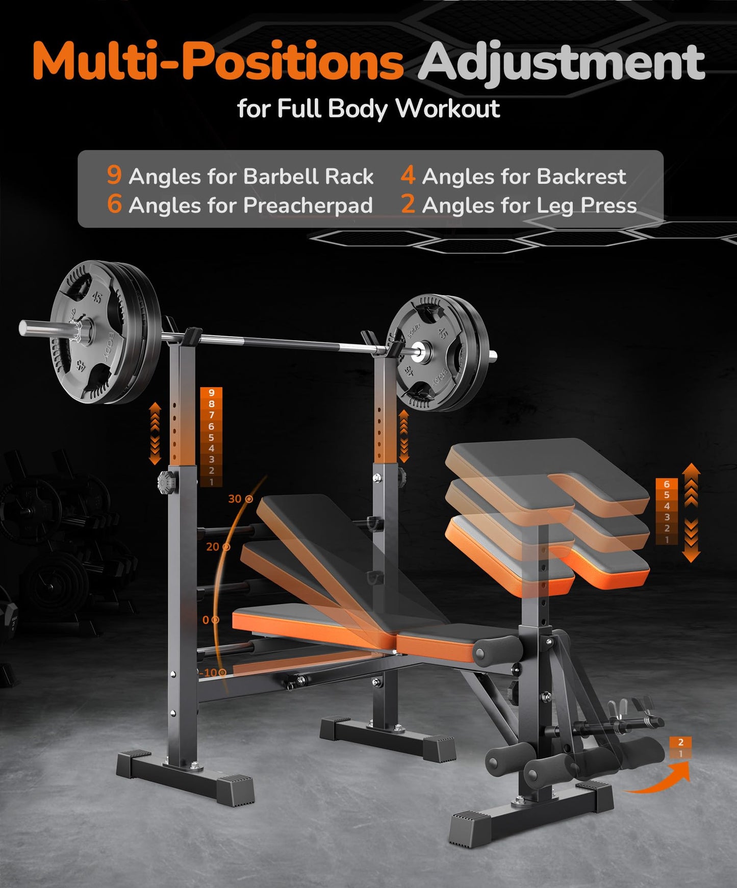 Multi-Function 6 in 1 Weight Bench Set - Leg Press, Preacher Curl Rack, Adjustable Workout Bench & Squat Rack for Full Body Exercise, Fitness Strength Training for Home Gym