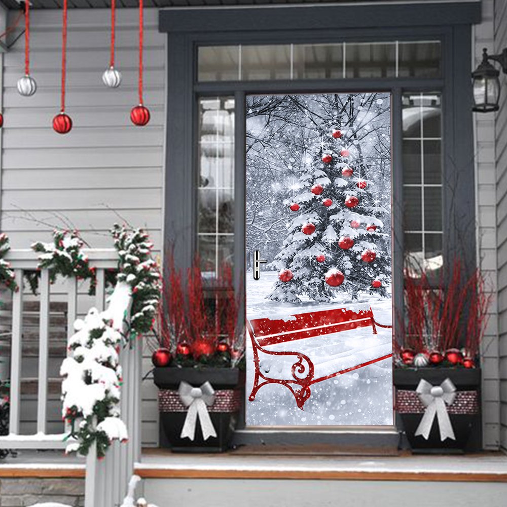 Modern Art Christmas Tree 3D Door Sticker, Peel and Stick Removable Vinyl Door Decals for Home Decor, 30.3x78.7(77x200cm), 2 Pcs Set