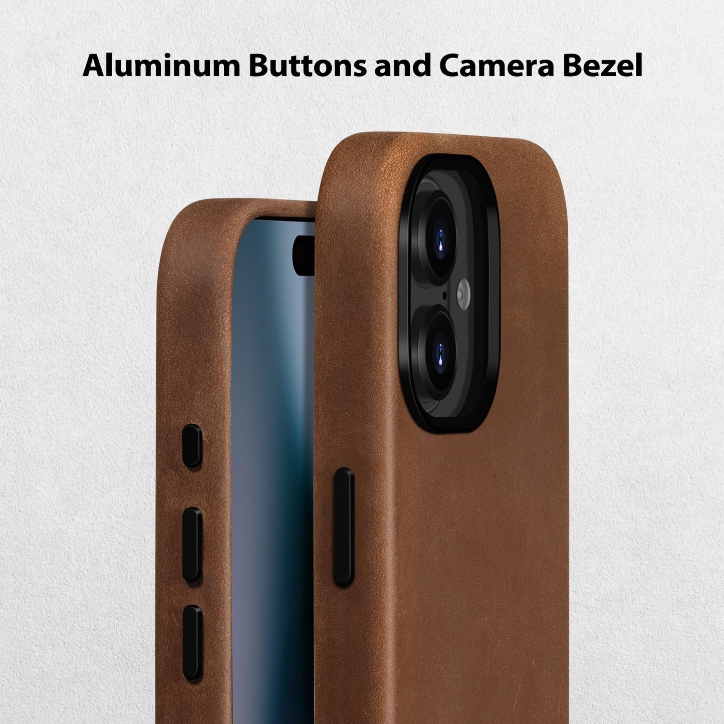 Belemay Handcrafted Crazy Horse Leather Case for iPhone 16, Compatible with MagSafe, Vintage Aesthetic, Two-Tone Effect, Unique Patina, Camera Control Button, Metal Buttons (6.1"), Vintage Brown