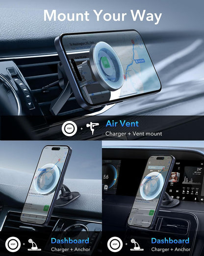 ESR for MagSafe Car Mount, Magnetic Phone Holder for Car Air Vent, Car Phone Holder Mount for iPhone 17/16/16e/15/14/13/12/Samsung, All Smartphones(2 Metal Rings Included),Charging Not Supported
