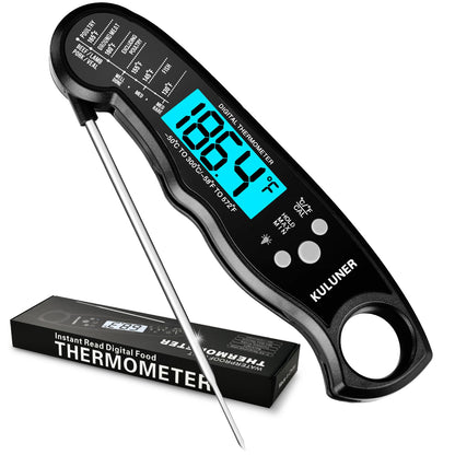 KULUNER TP-01 Waterproof Digital Instant Read Meat Thermometer with 4.6 Folding Probe Backlight Calibration Function for Cooking Food Candy, BBQ Grill, Liquids,Beef(Black)
