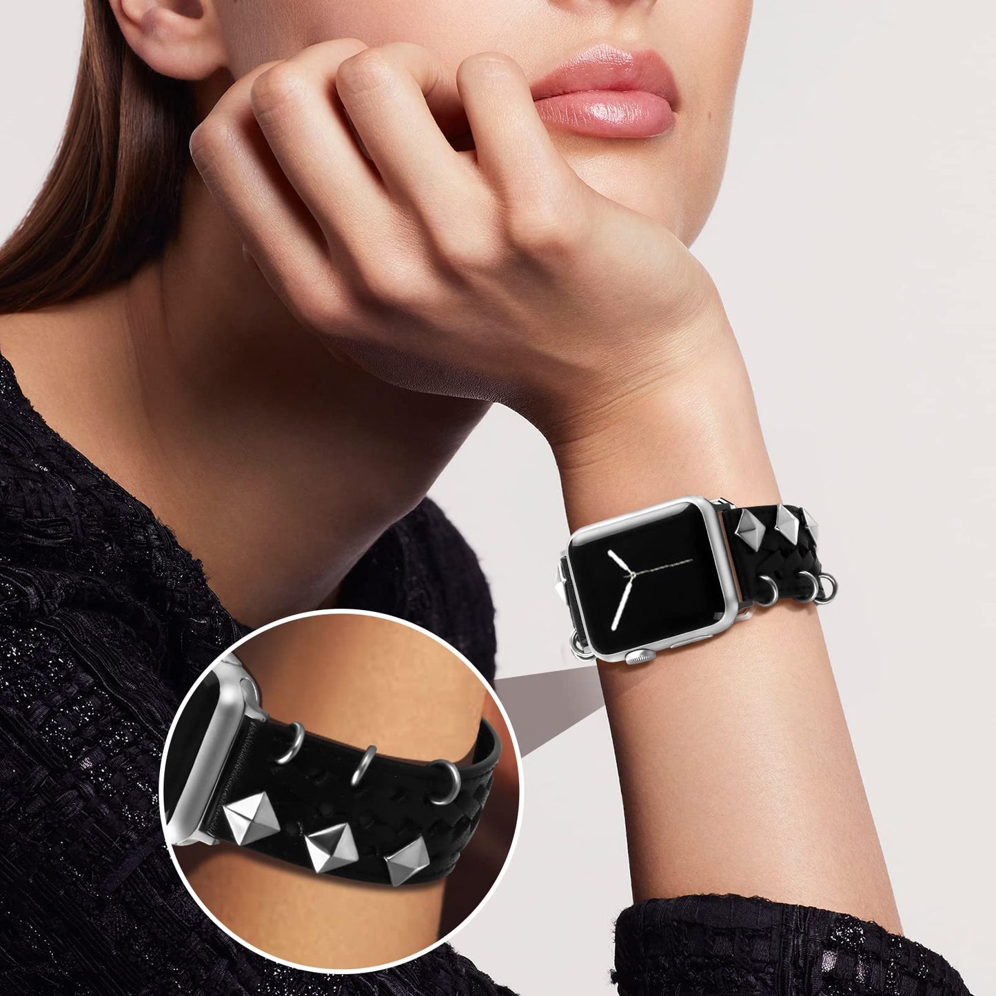 VIQIV Leather Band Compatible with Apple Watch Ultra Band 44mm 45mm 49mm 42mm for Women Men, Hollow-out Woven Rivets Bracelet Designer Wristbands Smartwatch Strap for iWatch Series SE 8 7 6 5 4 3 2