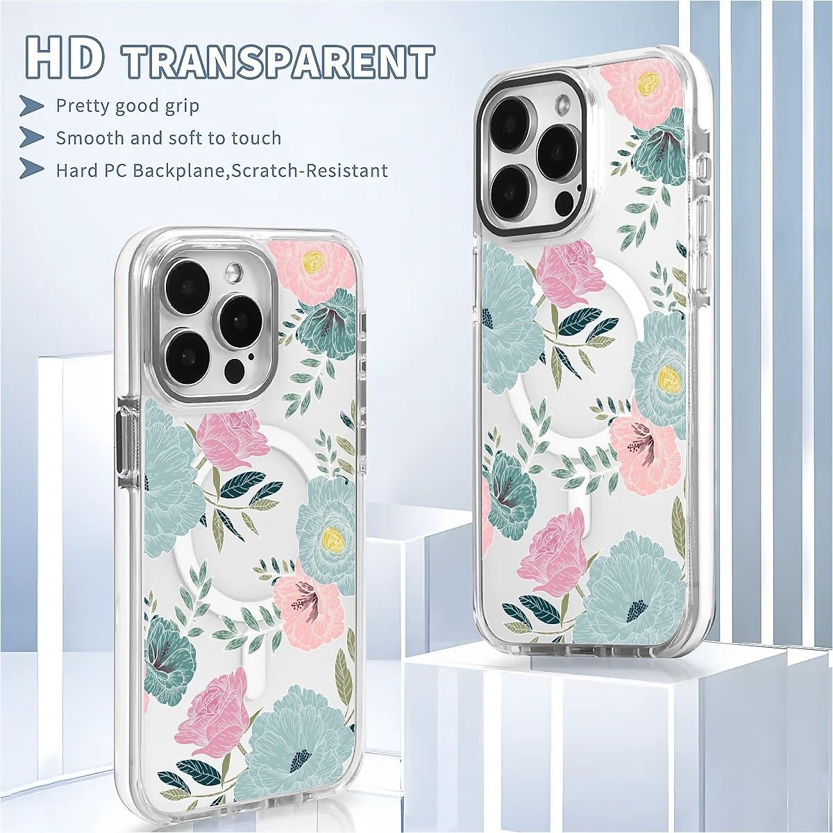 TAMEFOX for iPhone 15 Pro Max Clear Case, Campatible with Magsafe,Blue Red Camellia Soft TPU Slim Magnetic for Women Girl Protective Case for iPhone 15 Pro Max-6.7 Inch (White)