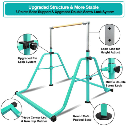 kechery Foldable & Moveable Gymnastics Horizontal Bar with Rings,3’to 5’Adjustable Height Expandable Junior Kip Bar for Home,Indoor Gym Equipment for Kids (Foldable Teal with Rings)