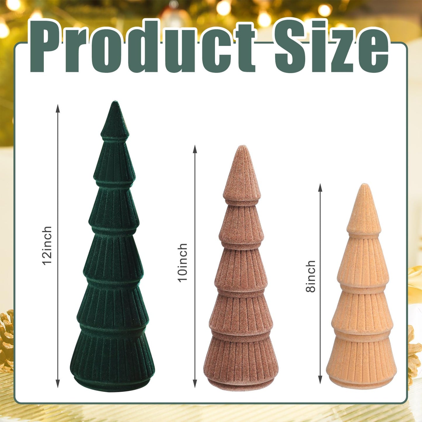 Bucherry 3 PCS Velvet Christmas Tree Figurines Decoration - 8" 10" 14" Modern Cone Christmas Tabletop Home Rustic Centerpiece Set for Winter Holiday Mantel Entryway Party Decor(Green and Khaki)
