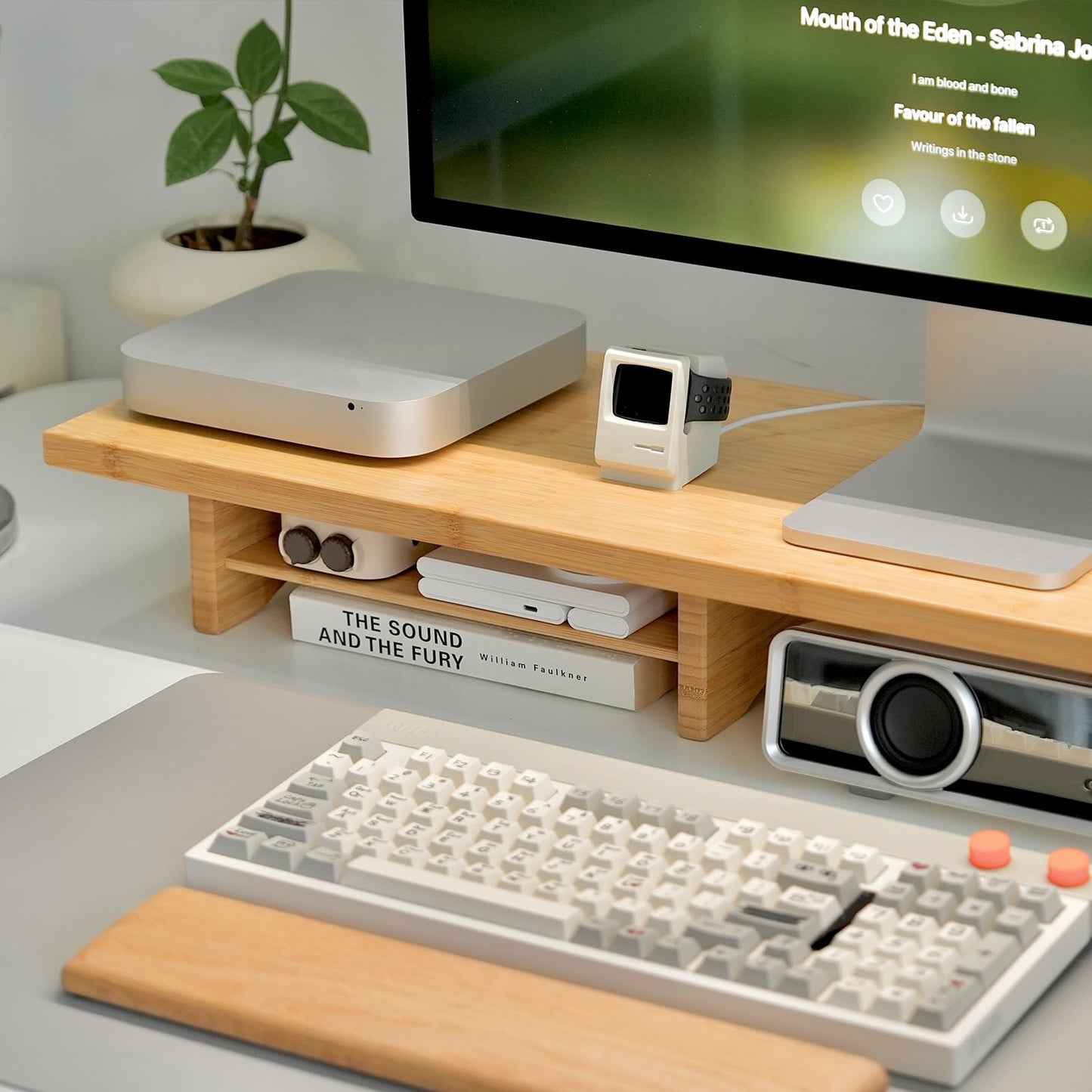 ROCDEER Bamboo Dual Monitor Stand Riser Natural, 2-Tier Desk Monitor Riser for 2 Monitors, Supports for PC Computer Monitor, Printer, Heavy TV Riser up to 300 lbs