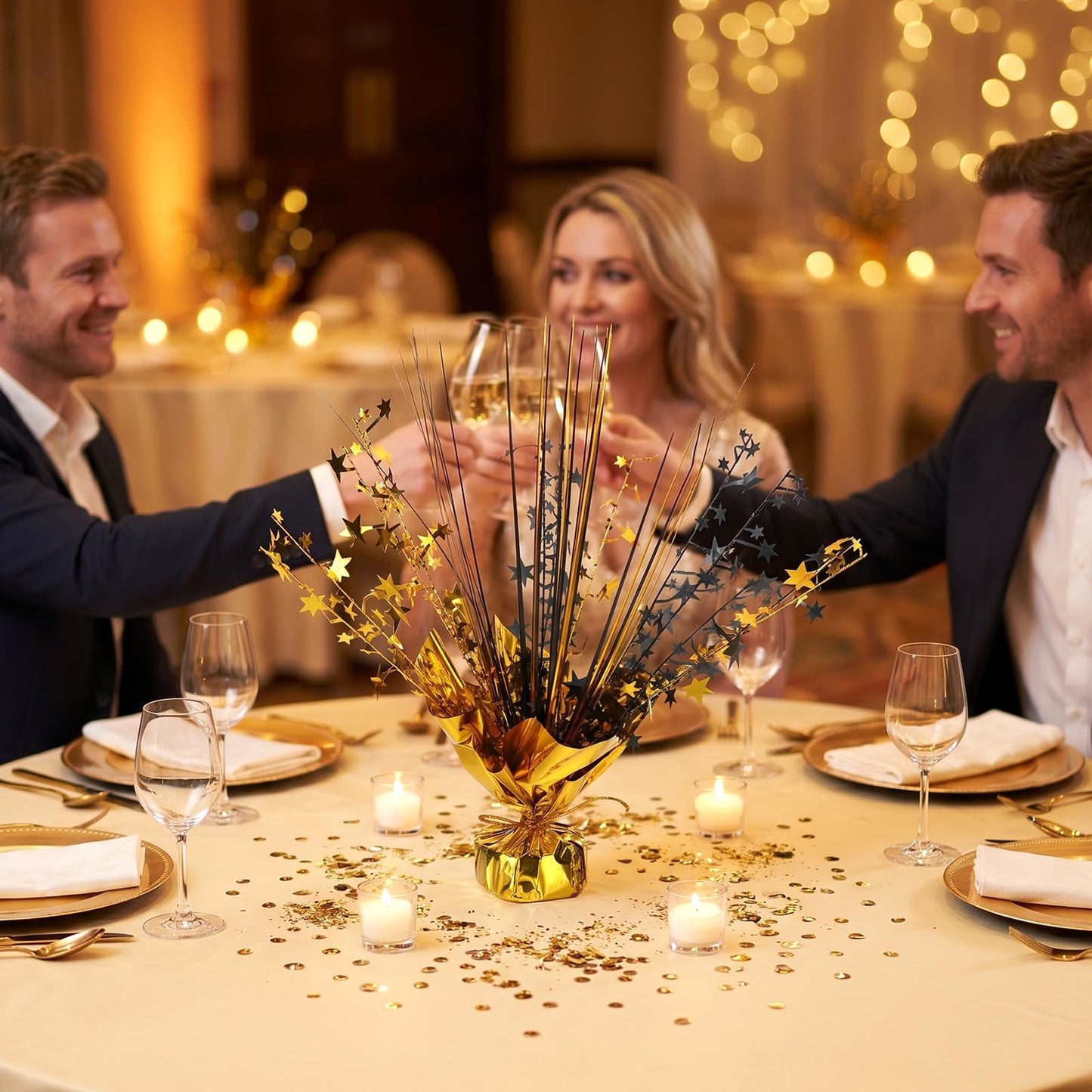 12 Pack Metallic Foil Spray Star Centerpieces for Tables, Black and Gold Party Decorations for Wedding Birthday Baby Shower Bachelorette Retirement New Years Party Table Decorations