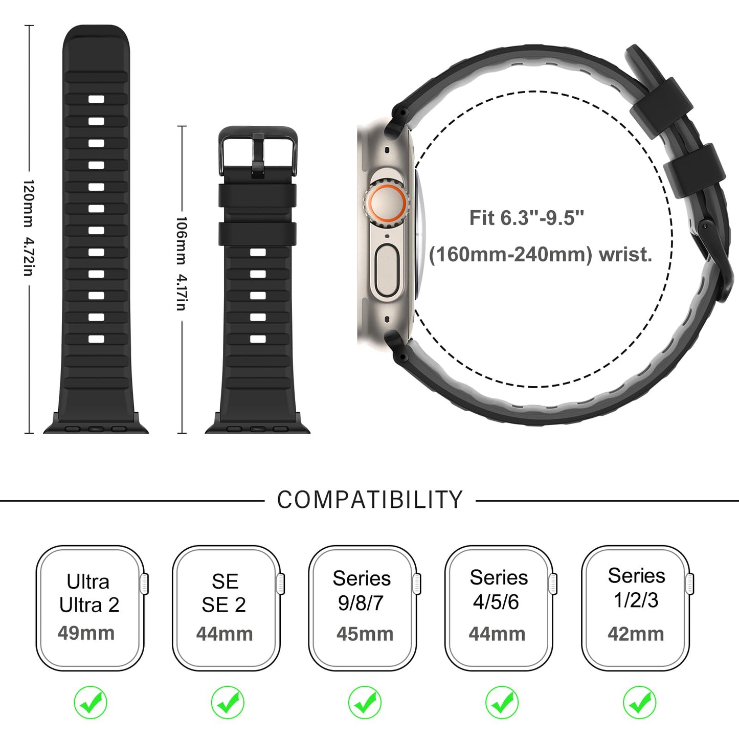 Suphart Bands Compatible with Apple Watch Band 49mm 46mm 45mm 44mm 42mm for Women Men Soft Silicone Sport Strap Designed for Apple Watch Ultra 2 Ultra SE Series 10 9 8 7 6 5 4 3 2 1, Black Grey