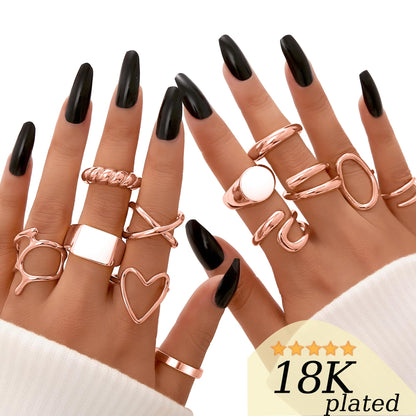 FAXHION 12PCS Gold Stackable Rings Set for Women, 18K Gold Plated Open Stacking Knuckle Ring, Adjustable Chunky Signet Band Statement Ring for Gift