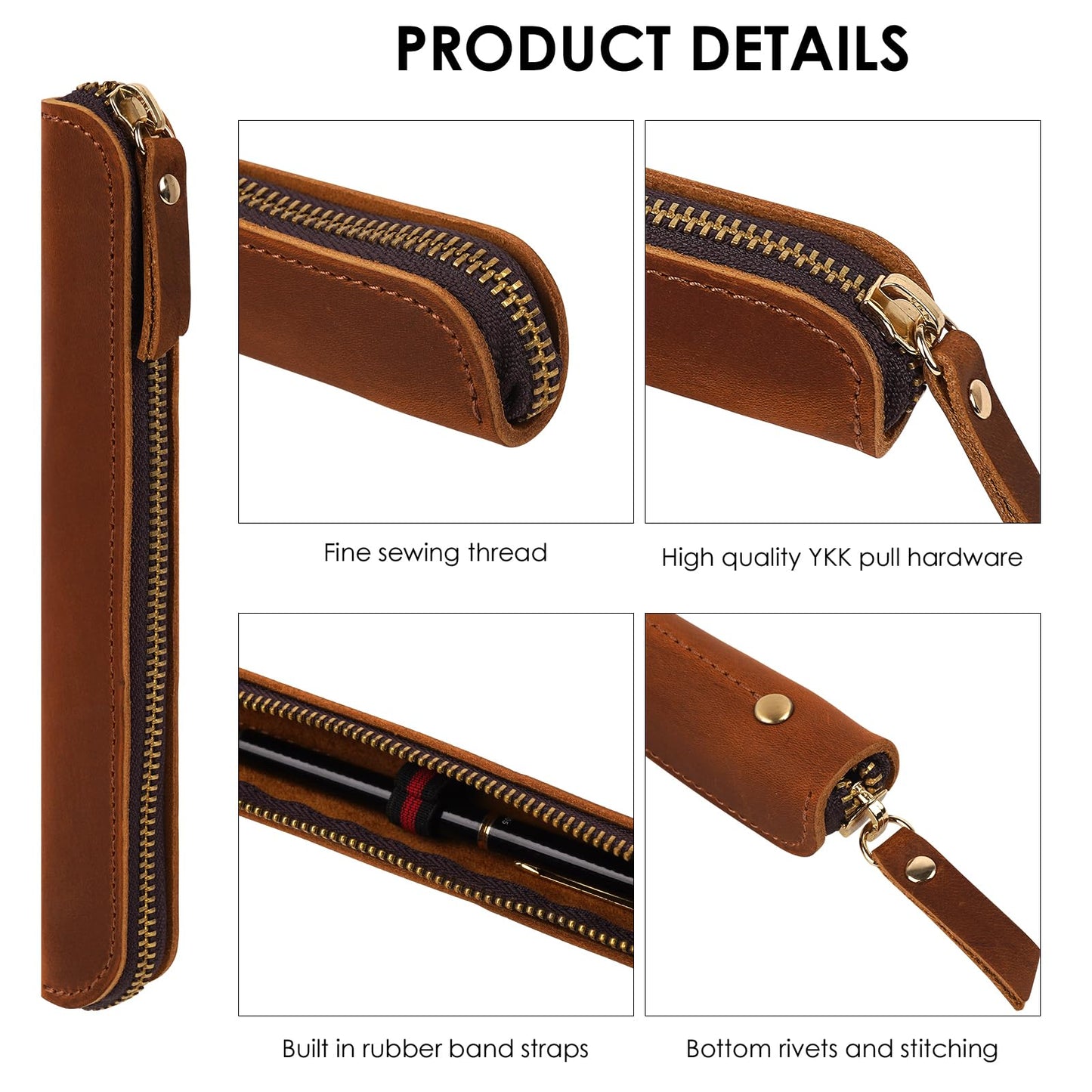 JANKOW Crazy Horse Leather Pen Pouch Handmade, Single Pen Case Fountain Pen Sleeve Holder Pouch Cover Vintage, Mini Pencil Bag (Brown)