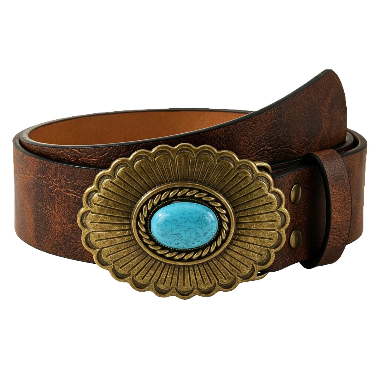 XMQBIEE Women's Western Leather Belt with Turquoise Buckle Engraved Cowboy Waist Belt for Jeans Dresses Country Concerts