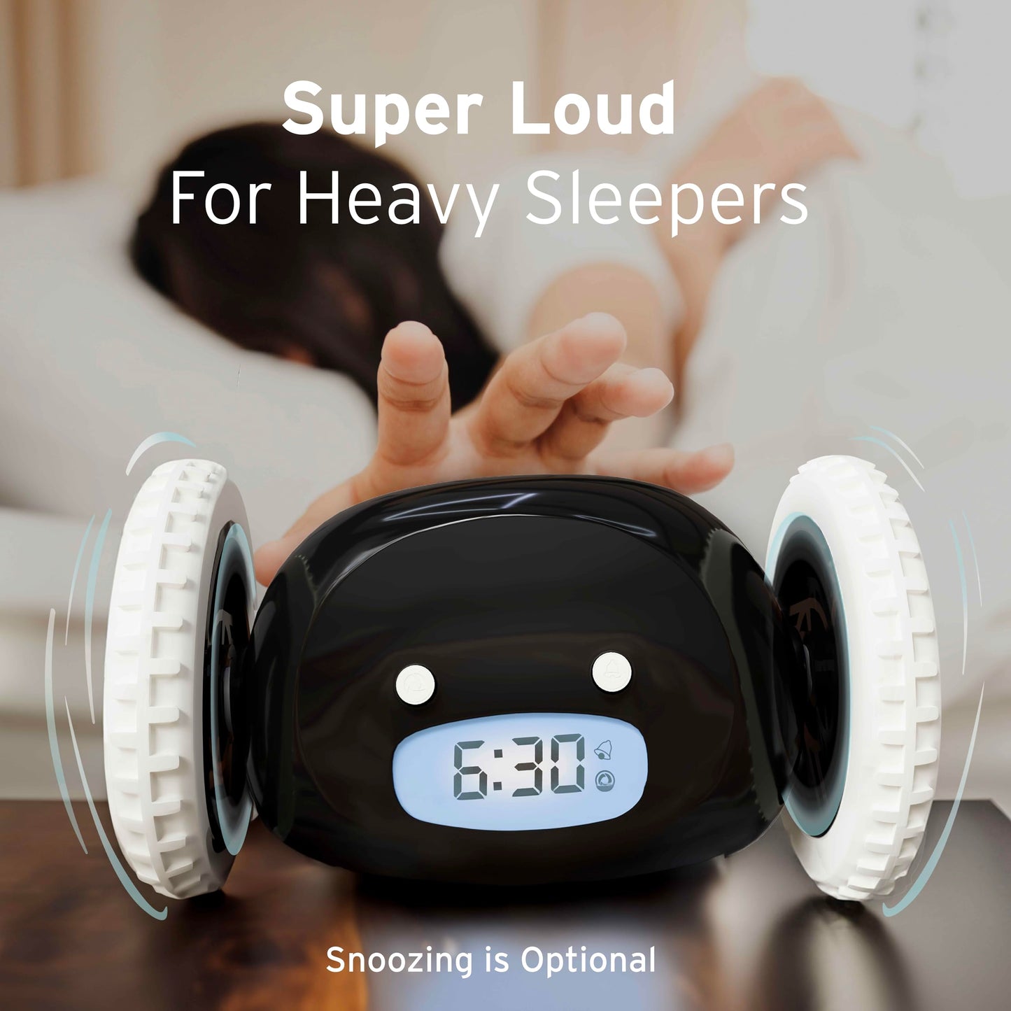 CLOCKY Alarm Clock on Wheels – Loud Rolling Alarm Clock for Heavy Sleepers | Runaway Clock that Jumps & Runs to Wake You Up | Funny Unique Gift for Adults, Teens & Kids Bedrooms (Black)
