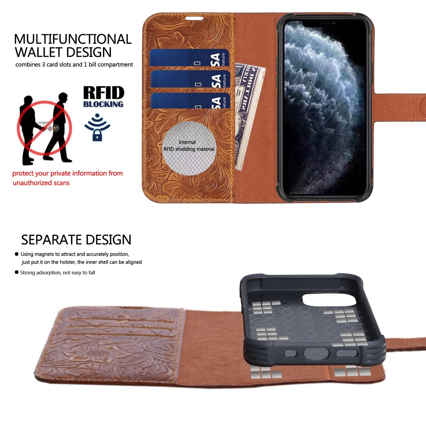 RMAWRAD Leather Case Compatible with iPhone 16 Pro Max Wallet 6.9",Genuine Leather 2in1 Magnetic Detachable Shockproof Kickstand,Flip Folio Cover with Card Slot,Wireless Charging RFID Blocking Brown