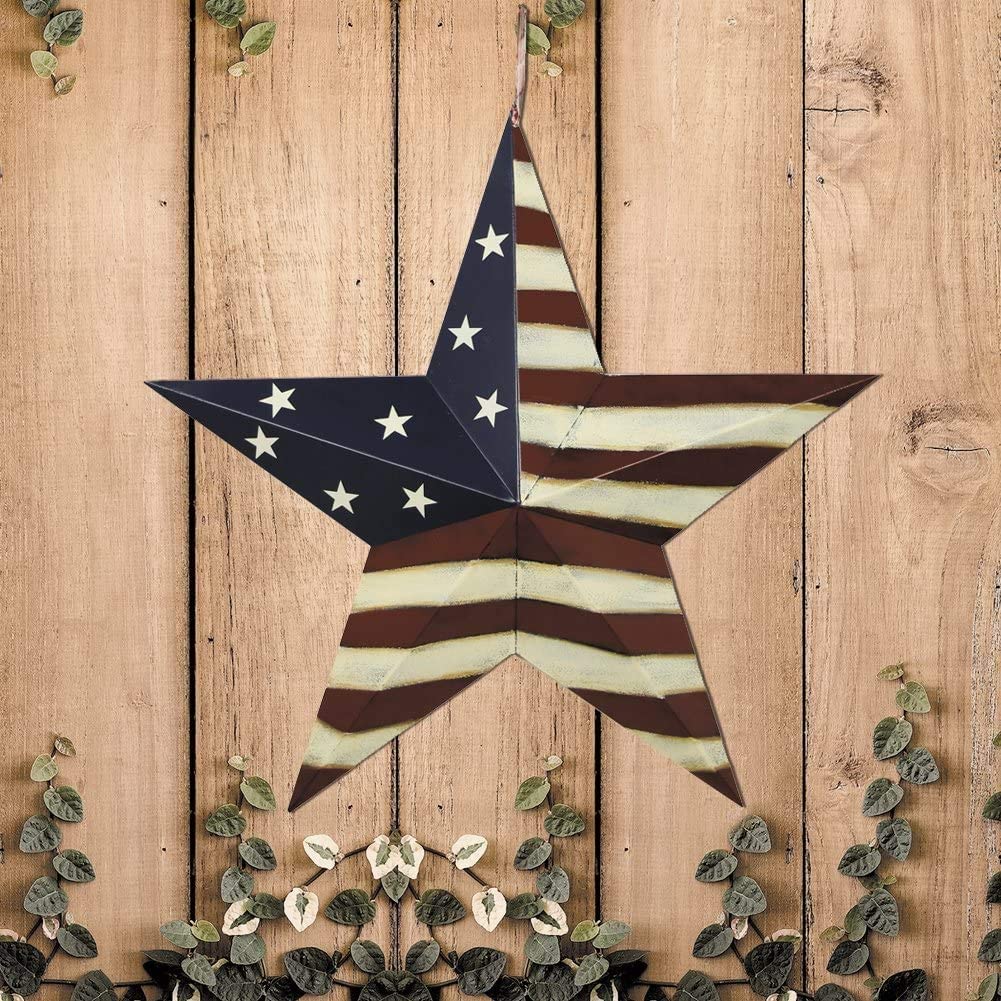 Rainbow Handcrafts Rustic Metal 3D Barn Star Patriotic Wall Decoration American Flag Wall Star July 4th Country Americana Patriotic Wall Ornament, Fourth of July Outdoor Wreath Decoration