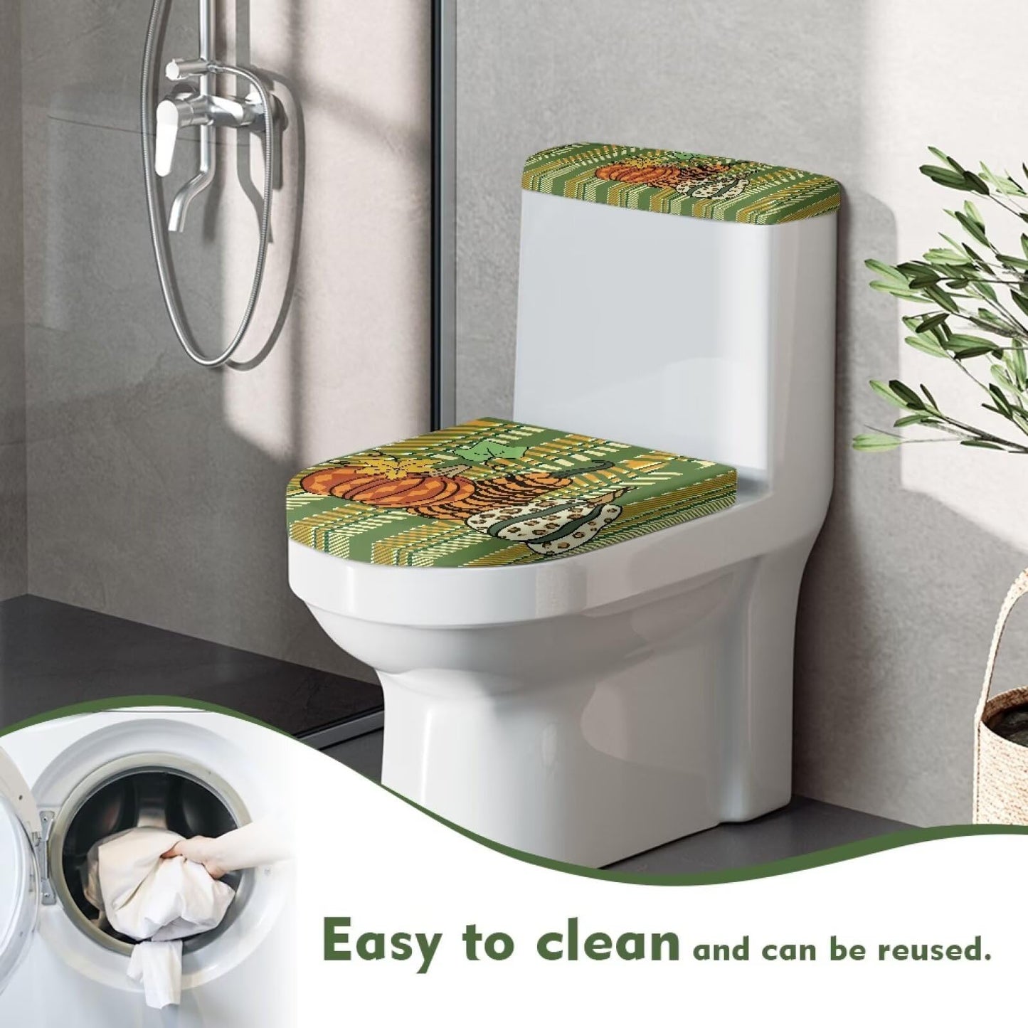 GLENLCWE Thanksgiving Pumpkin Toilet Seat Covers Set Red, 2 Pcs Green Dust-Proof Round Oval Toilet Lid and Tank Lid Covers for Bathroom Set