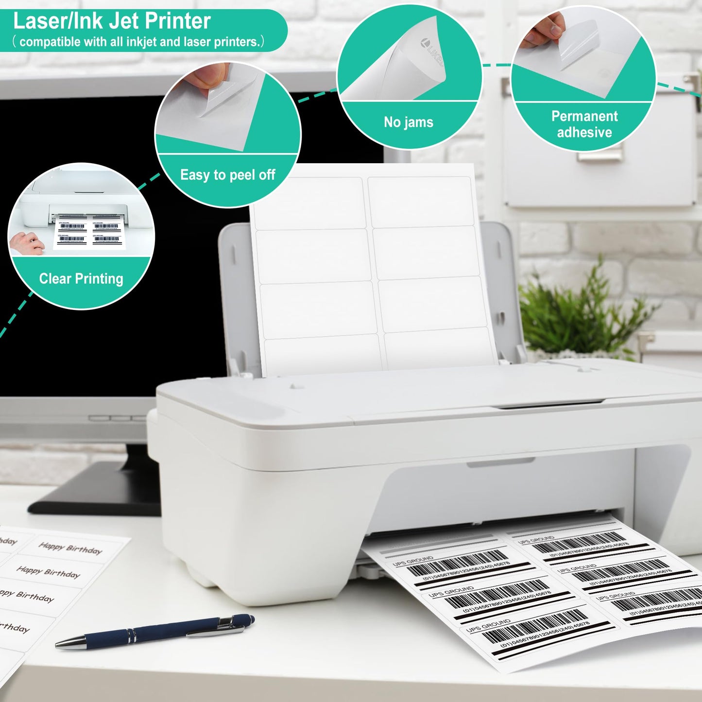 L LIKED 2" x 4" Label Stickers, Printable White 10 per Sheets Total 1000 Labels for Laser/Inkjet Printing - Matte (1000 Labels)