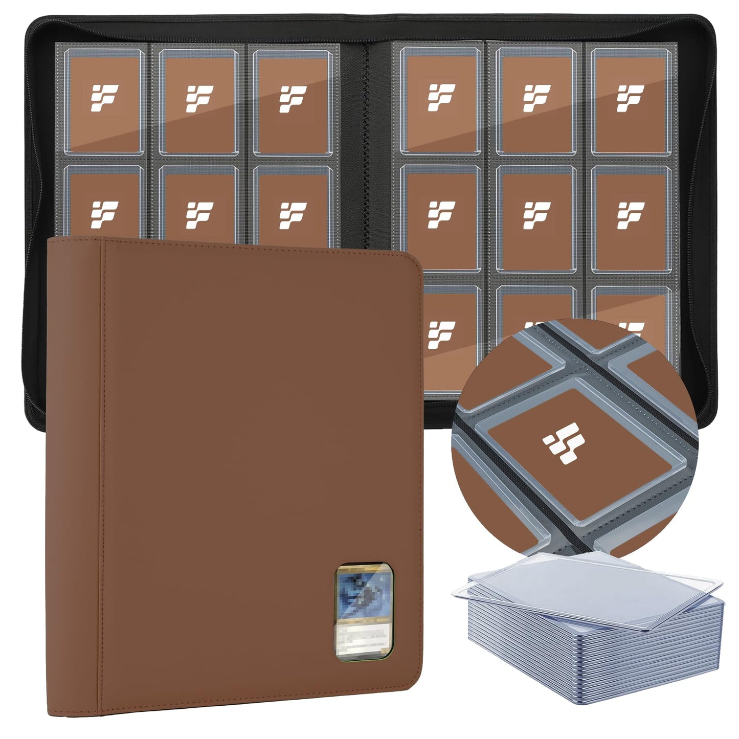 Top Loader Binder for Cards (Clear Window), Holds 288 Cards in 3"x4" Toploaders, Trading Card Binder 9 Pocket for TCG, MTG, YGO, Game Cards, Sports Cards(Coffee)