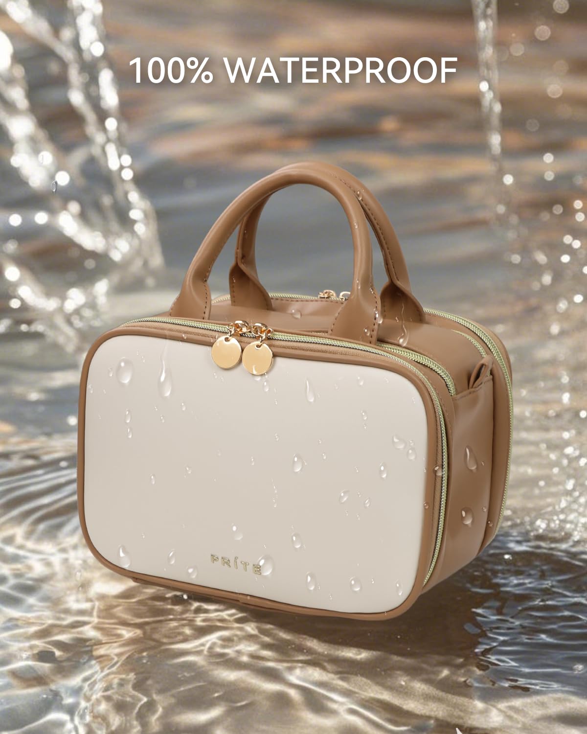 Prite Makeup Bag for Women, Large Capacity Waterproof Travel Cosmetic Organizer, Portable Open Flat Toiletry Bag with Free-standing Brush Holder and Handle(Beige Brown Large)