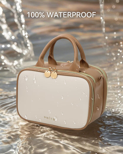 Prite Makeup Bag for Women, Large Capacity Waterproof Travel Cosmetic Organizer, Portable Open Flat Toiletry Bag with Free-standing Brush Holder and Handle(Beige Brown Large)