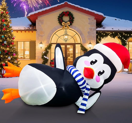 10Ft Christmas Inflatables Outdoor Decoration, Inflatable Penguin with Scarf Laying Down Christmas Blow Ups Yard Decoration for Garden, Lawn, Home Xmas Holiday Season Decor
