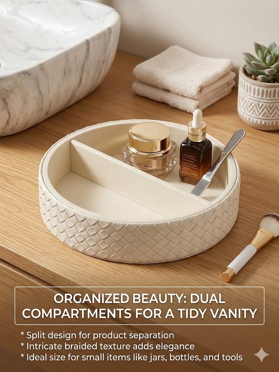 JekoLife Round Faux Leather Vanity Tray Organizer for Dresser Perfume