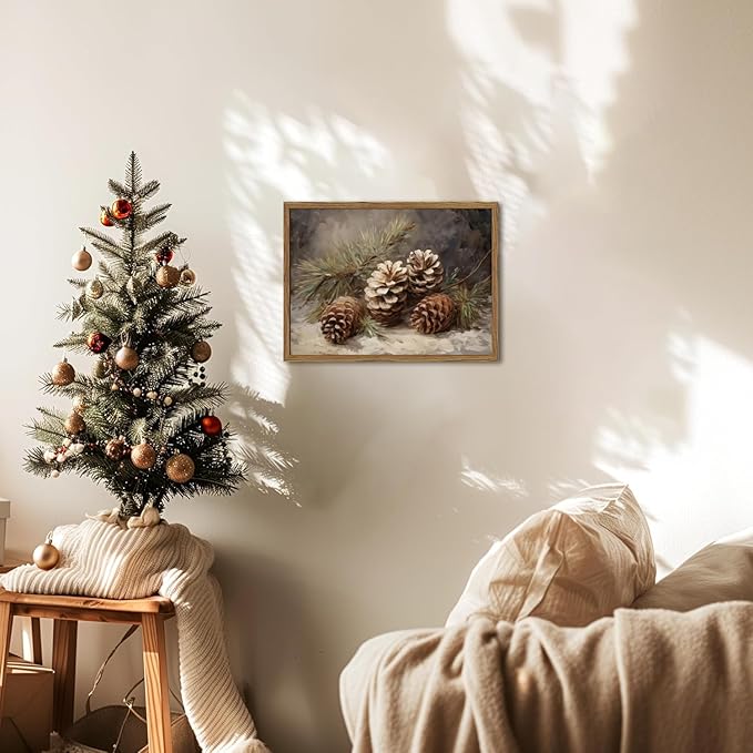 Framed Vintage Christmas Canvas Wall Art, Pine Cones Wall Decor Paintings, Winter Holiday Aesthetic Pictures Prints Rustic Home Decor for Living Room Bedroom Farmhouse 8×10 inch