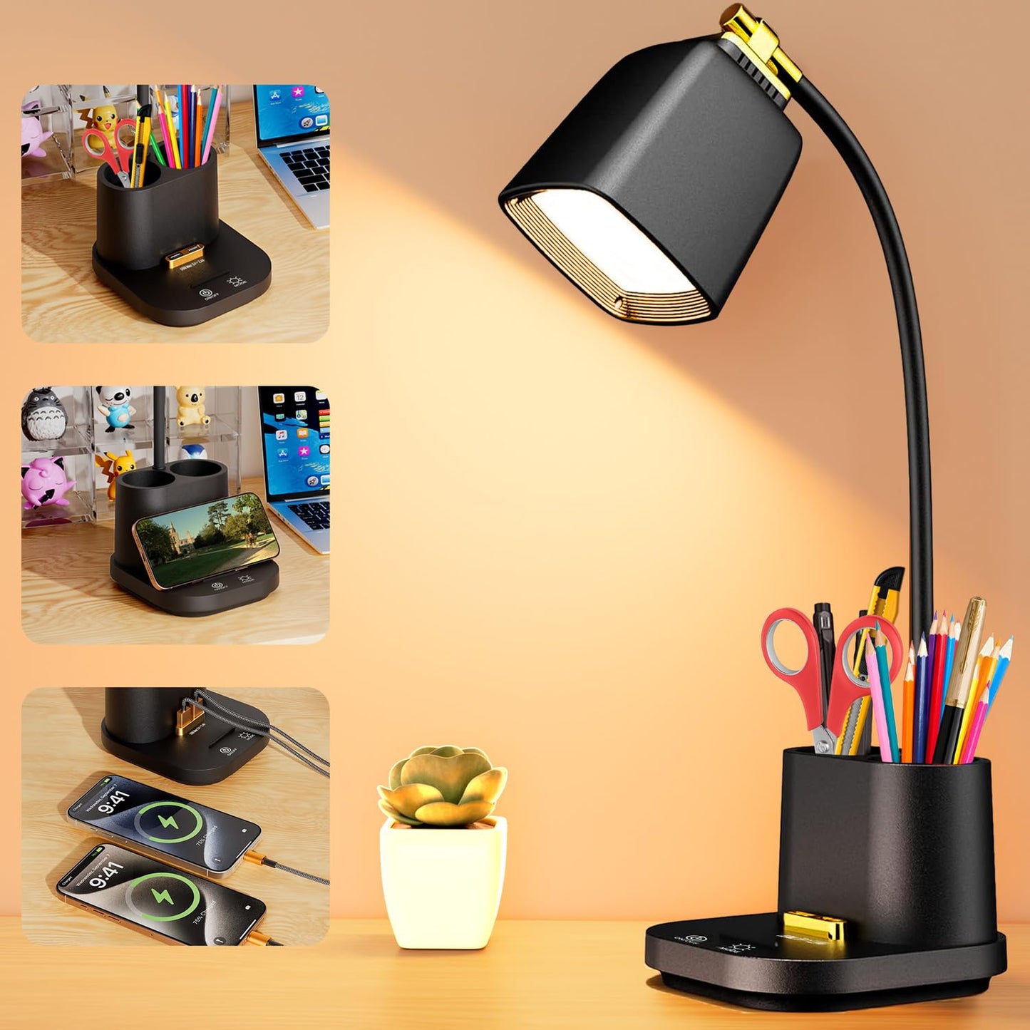 LED Desk Lamp with USB Charging Ports & Organizer, Small Table Lamps for Home Office/Bedroom/College Dorm Room,Gooseneck Desk Light with Charger for Study/Reading/Craft/Work/Task, Dorm Room Essentials