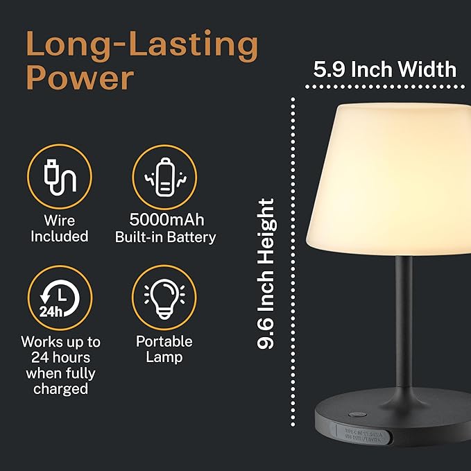 Outdoor Battery Operated Table Lamp & Power Bank - 5000mAh Rechargeable Battery Powered, Touch Dimmable, 3 Color Temperatures, IP44 Waterproof Lamp Light for Home, Patio Use - 9.6 In Modern Black