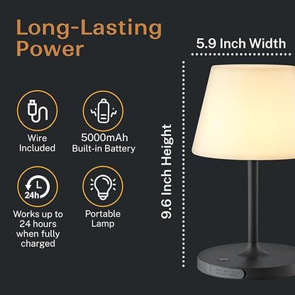 Outdoor Battery Operated Table Lamp & Power Bank - 5000mAh Rechargeable Battery Powered, Touch Dimmable, 3 Color Temperatures, IP44 Waterproof Lamp Light for Home, Patio Use - 9.6 In Modern Black