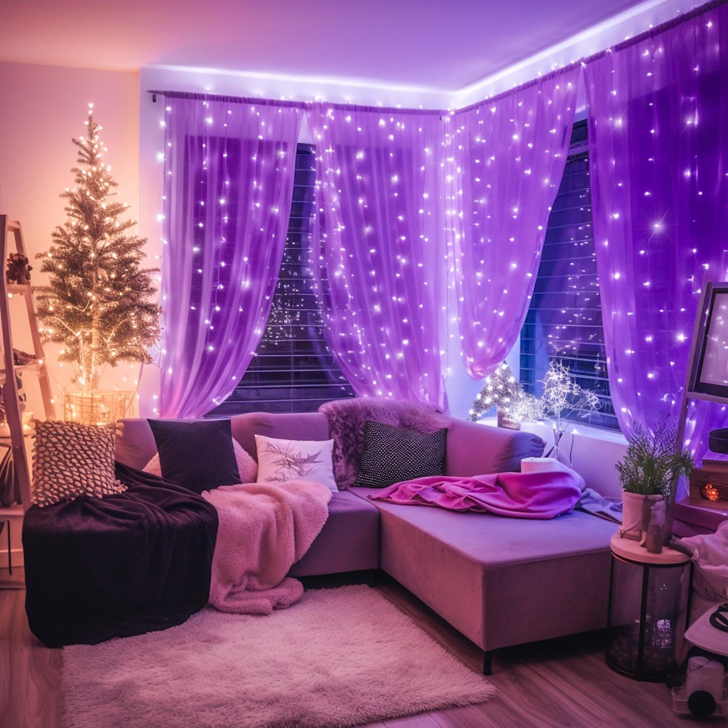 JMEXSUSS 300LED Purple Halloween Lights with Remote, 9.8x9.8ft Curtain Lights Plug in, 8 Modes Hanging String Lights for Indoor, Outdoor, Bedroom, Window, Party, Backdrop, Xmas, Halloween Decorations