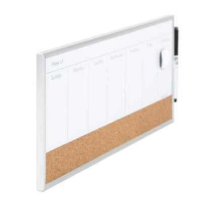 U Brands Magnetic Dry Erase Weekly Calendar Board With Cork Strip, 18"x7.5", Silver Aluminum Frame, Includes Magnet, Marker