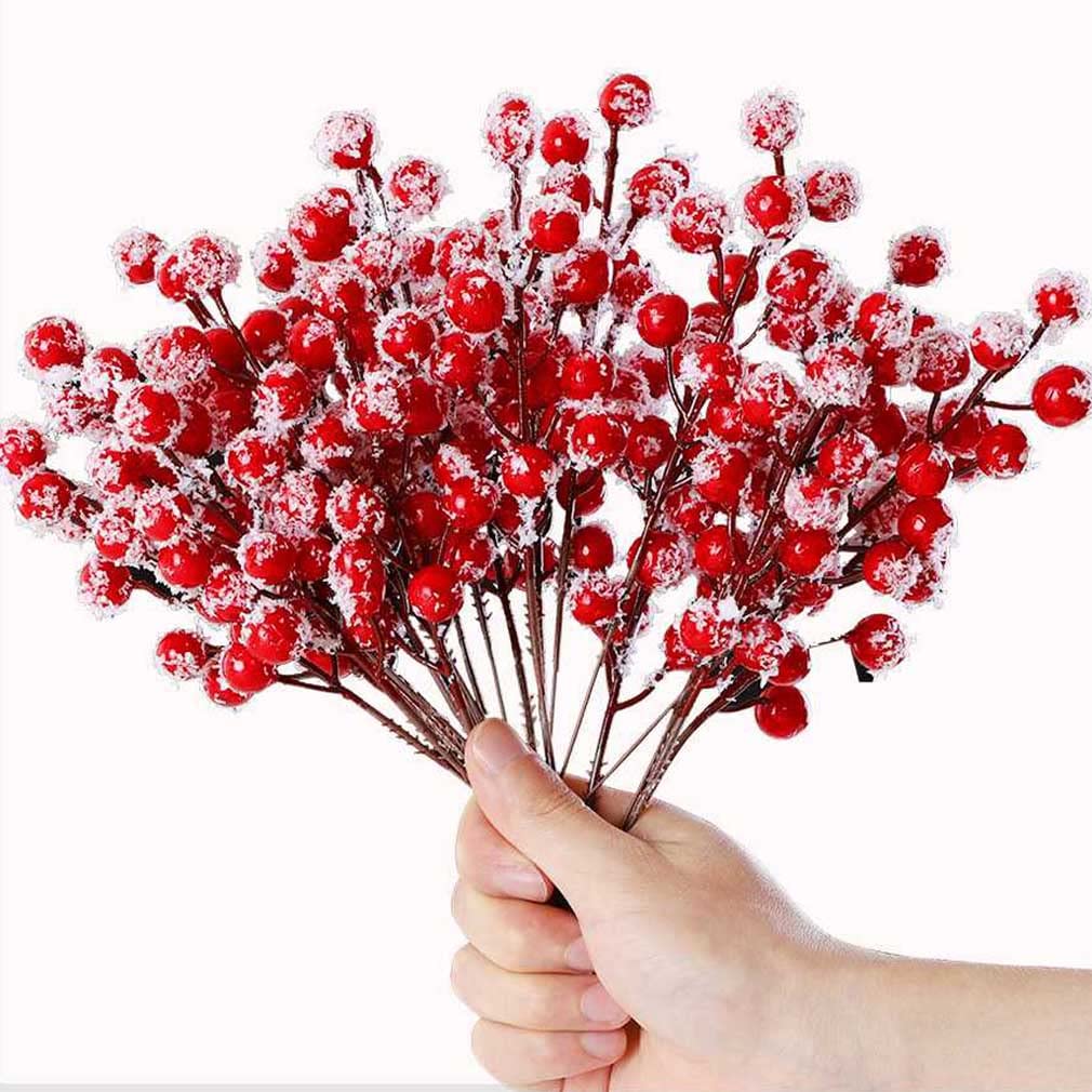 KSPOWWIN 24 PCS Artificial Holly Berry Stem Picks with Snowflake Glitter Christmas Tree Berries Floral Picks for Christmas Tree Ornaments DIY Wreath Crafts Wedding Decor