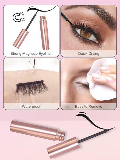 Sikkis Magnetic Eyelashes with Eyeliner - Magnetic Eyelashes Mink Look Kit, Mixed 3D Mink Reusable False Lashes with Applicator, No Glue Needed -5 Pairs
