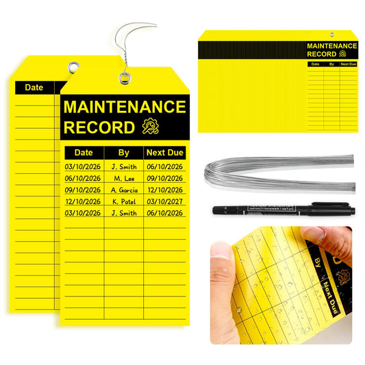 100 Pack Waterproof Maintenance Record Tags with Wire Double-Sided Inspection Tags 3.14" x 6.3" Yellow Plastic Safety Inspection Record Tag with Marker for HVAC Systems Industrial Equipment Outdoor