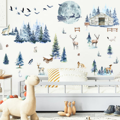 Winter Tree Wall Stickers Forest Animal Wall Decals Removable Woodland Tree Animal Wall Stickers Christmas Winter Pine Wall Decal Xmas Elk Santa Claus Christmas Moon Window Wall Decal