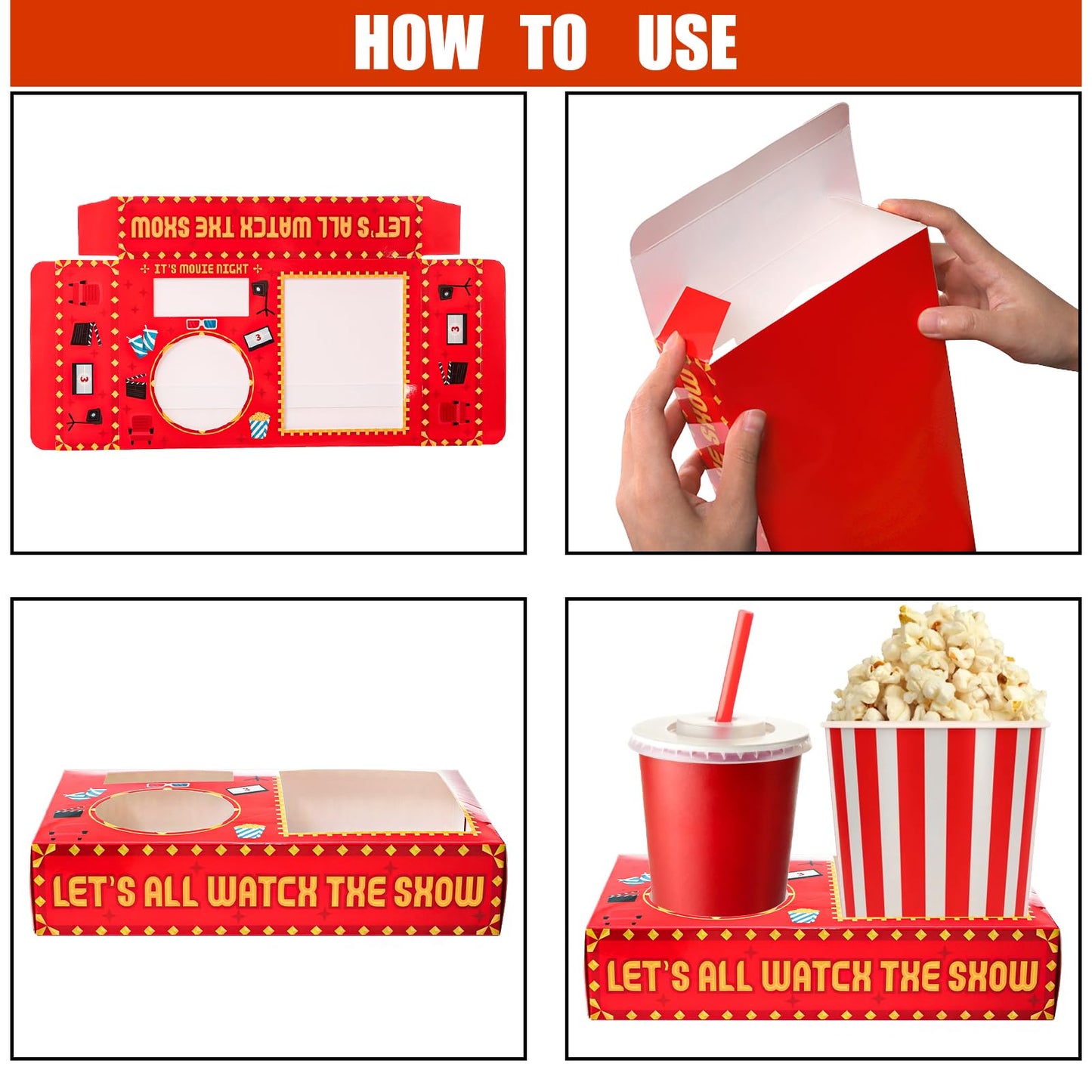 Bekith 50Pcs Movie Night Snack Trays Hold Popcorn Candy Food Drink, Disposable Paper Snack Boxes Movie Night Party Favors, Movie Night Supplies for Movie Theater Family Birthday Party, Red