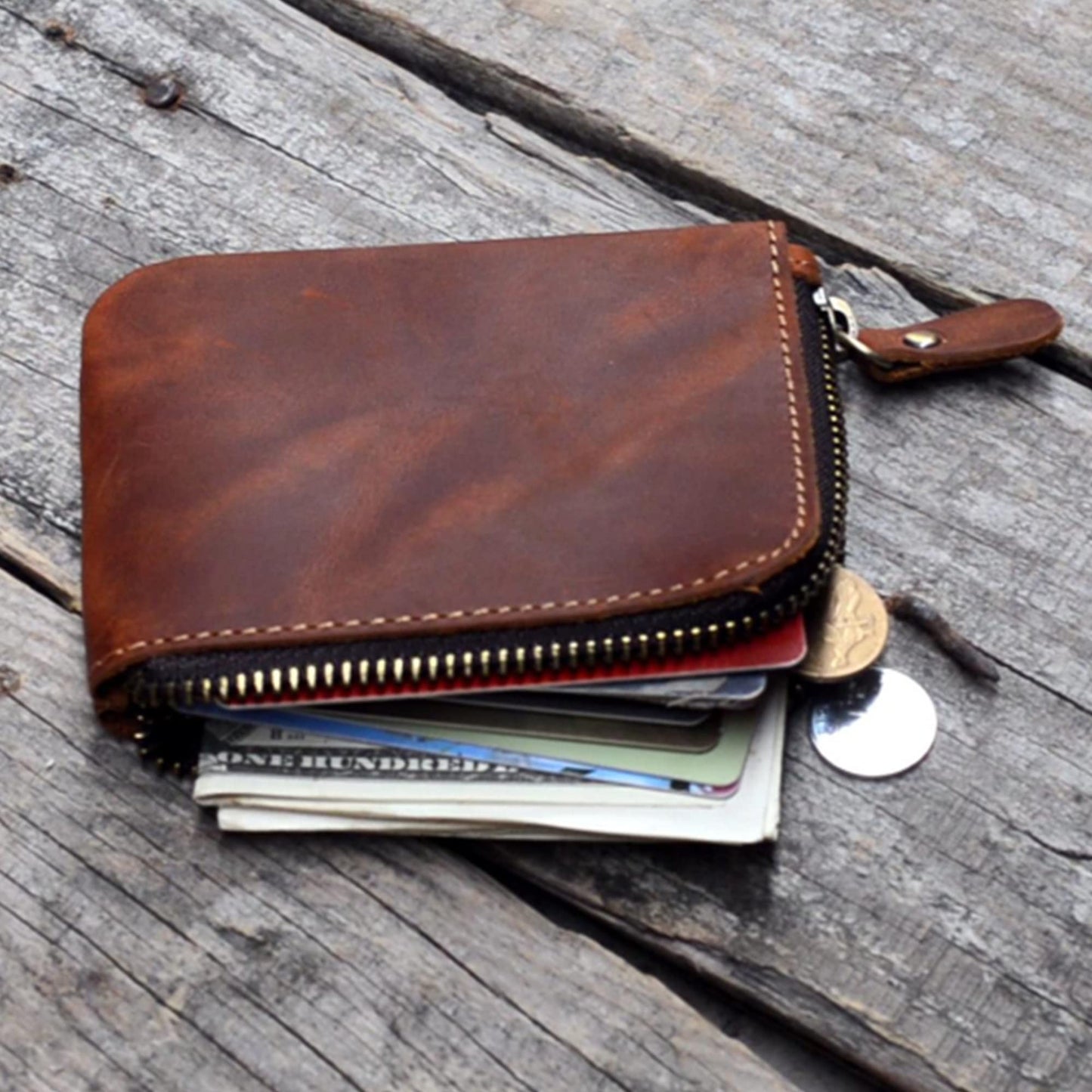 JJNUSA Genuine Leather Zipper Coin Purse Wallet With Key Car Smart Holder, Change Purse, Coin Pouch Holder For Men (Brown)